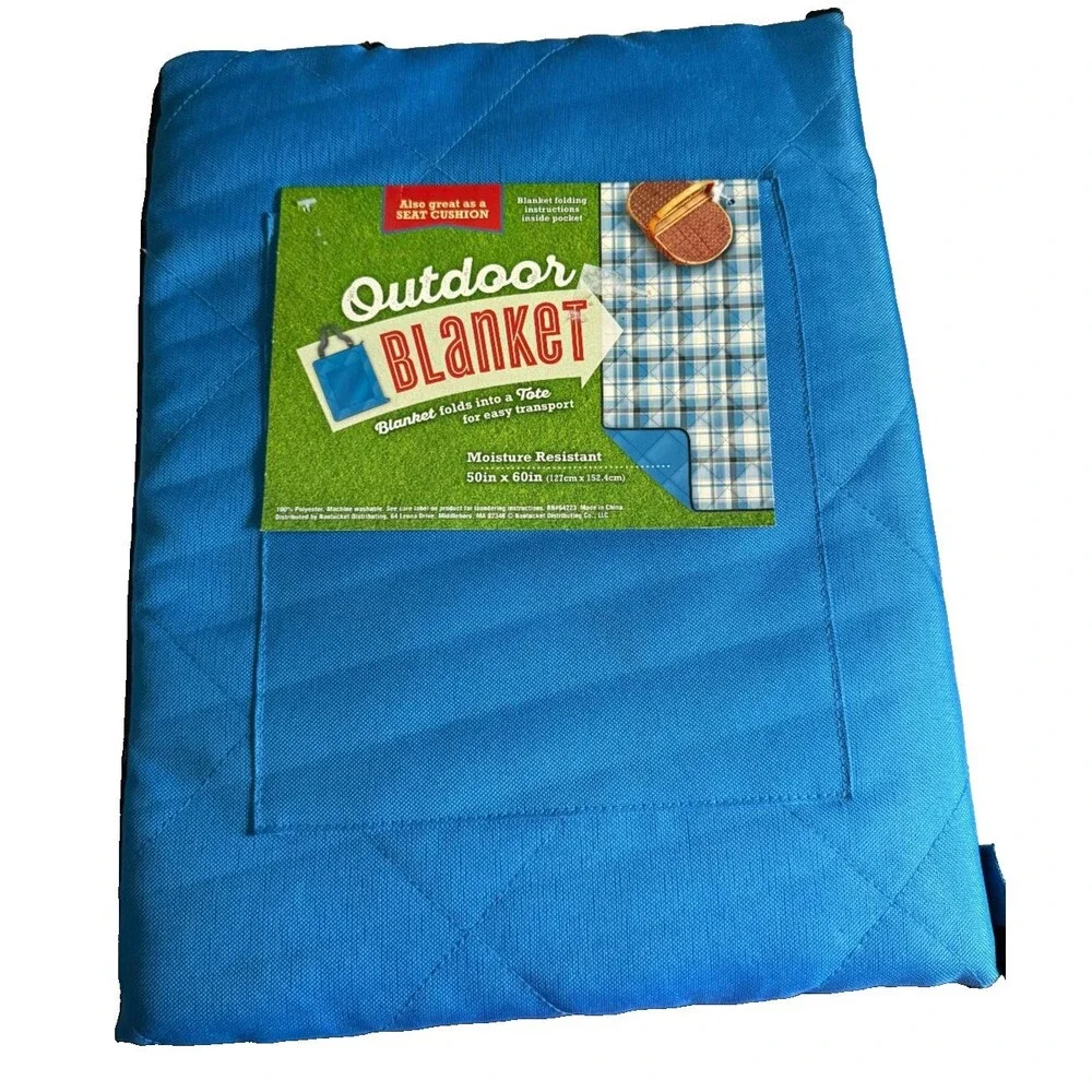 All Weather Blanket Blue Camping Beach Picnic Zip 50x60 Seat Cushion Carry Strap